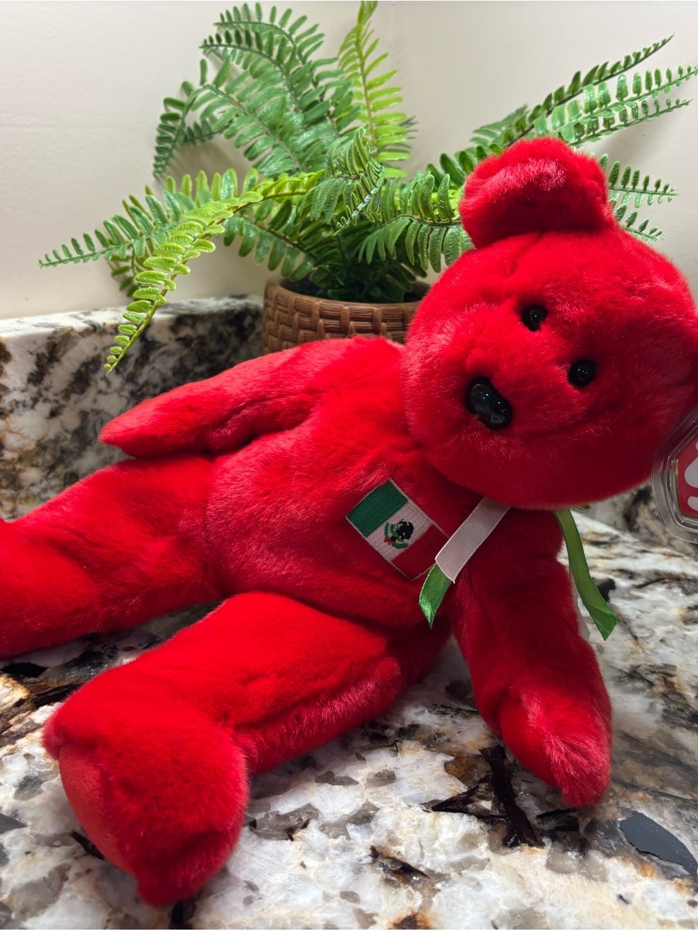 Ty Red Plush Bear with Mexico Flag Patch and Green-Trim Ribbon 🇲🇽 RARE